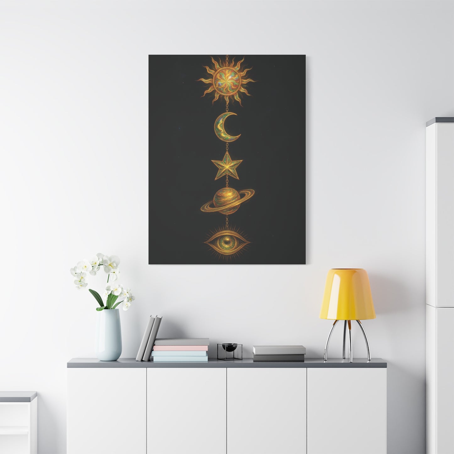 Celestial Cascade Wall Art – Sun Moon Star Planet Eye Print