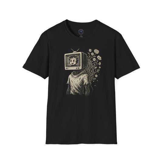 Blooming Static – Retro TV Head Surreal T-Shirt