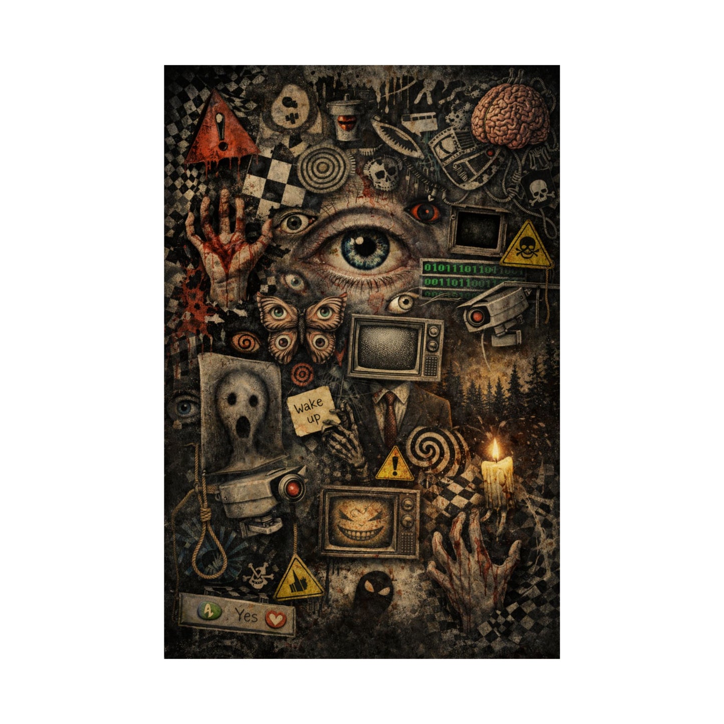 Wake Up – Surreal Horror Collage Wall Art with Eye, TV & Warning Symbols