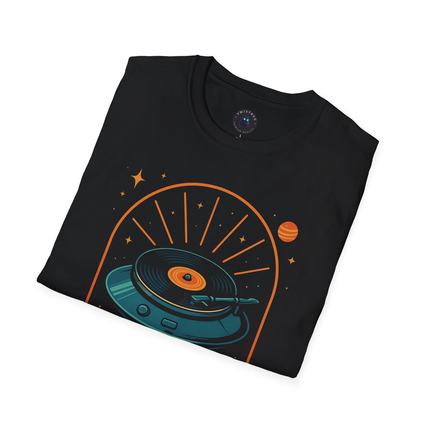 Close-up of DTG print: UFO turntable with planets and starbursts
