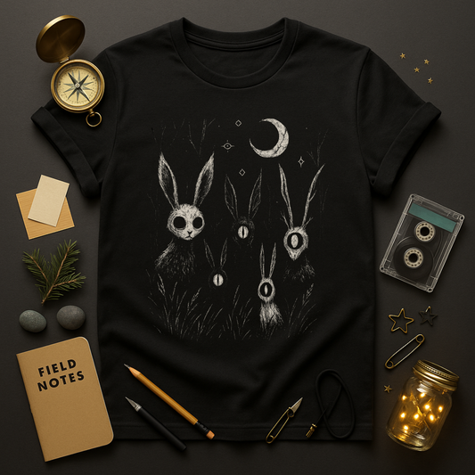 Creepy bunny weirdcore t-shirt — glowing eyes under crescent moon