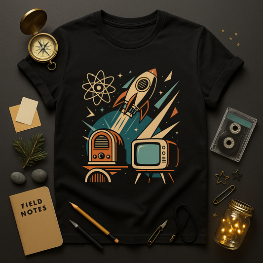 Retro rocket with vintage radio and CRT TV t-shirt — mid-century graphic