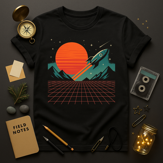 “Black retro rocket t-shirt with synthwave sun, neon grid, and mountains – Twistbug Retro Tech Nostalgia collection.”