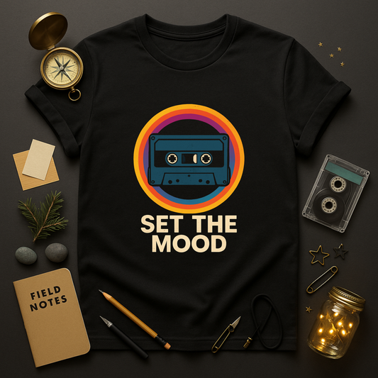 Set the Mood cassette tape t-shirt — retro 80s music graphic