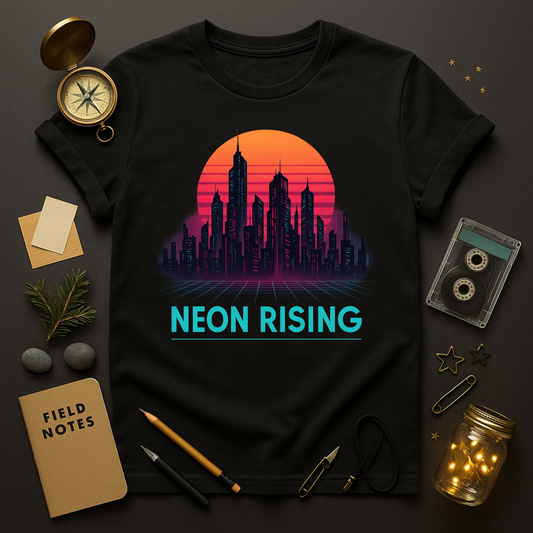 "Black graphic t-shirt with neon cyberpunk city skyline under retro sunset, text Neon Rising — synthwave streetwear by Twistbug."