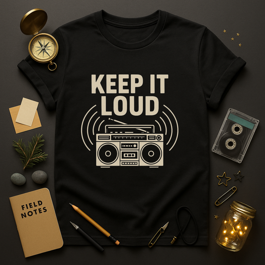 Keep It Loud boombox t-shirt — retro 80s music graphic