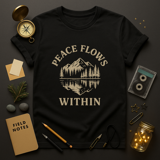 Peace Flows Within mountain river graphic t-shirt — forest reflection