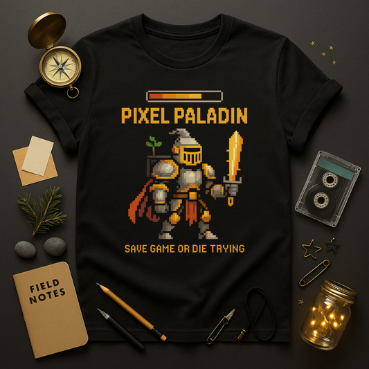 Pixel Paladin t-shirt with 8-bit knight, health bar, and sword