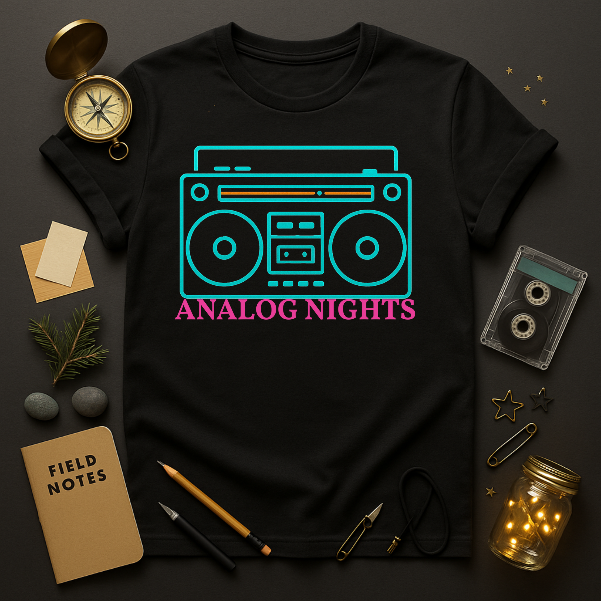 Analog Nights boombox t-shirt — teal outline radio with magenta script
