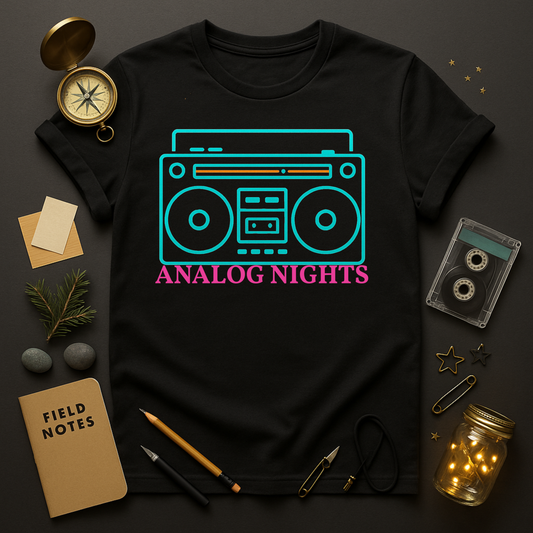 Analog Nights boombox t-shirt — teal outline radio with magenta script