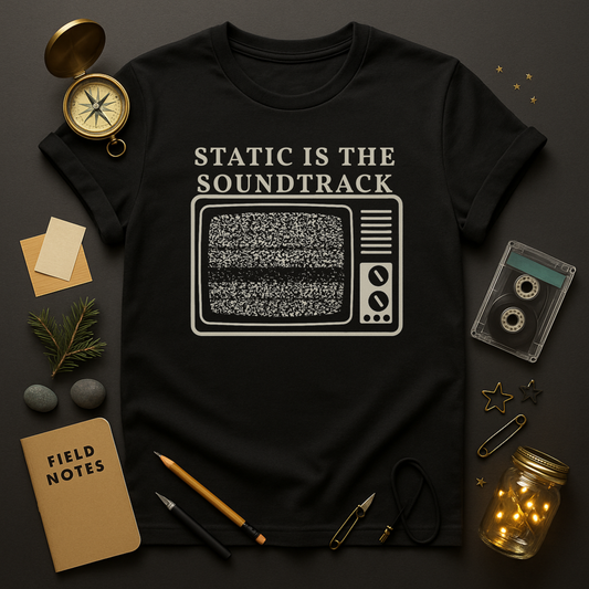 Static Is the Soundtrack t-shirt — retro CRT TV with static