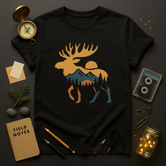 Moose silhouette t-shirt — mountains, pines and sunset inside