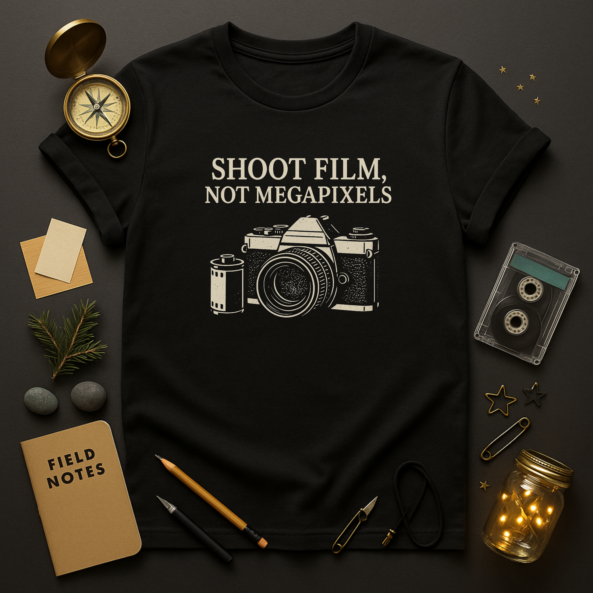 Shoot Film Not Megapixels t-shirt — retro SLR camera graphic