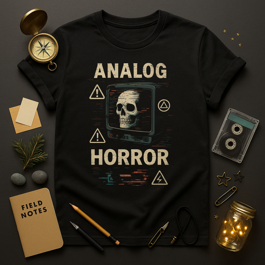 Analog horror t-shirt with skull on CRT TV and glitch lines