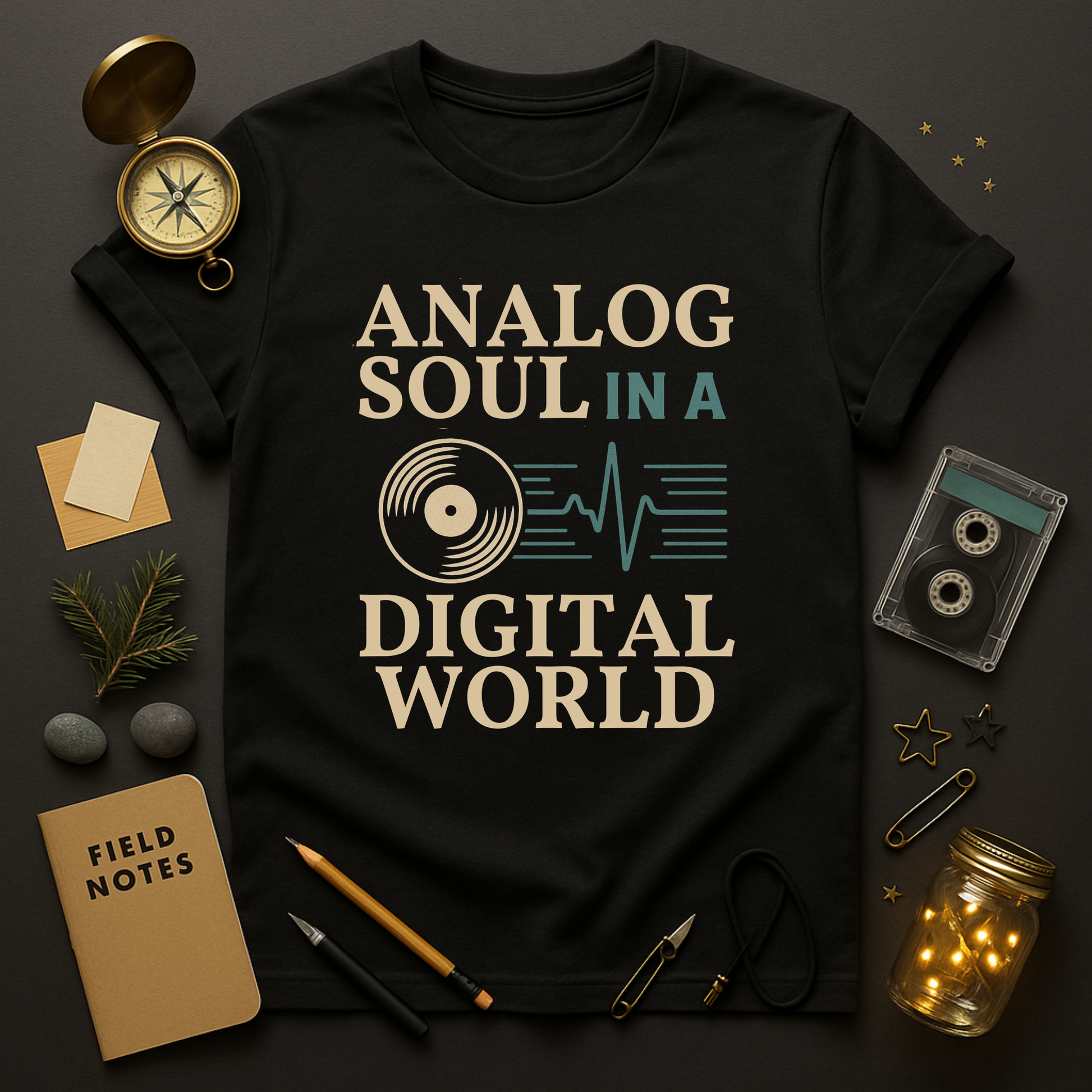 Analog Soul in a Digital World t-shirt — vinyl record and waveform