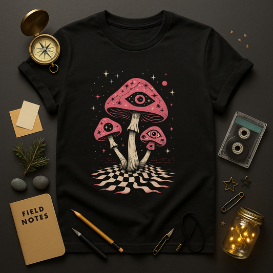 Cosmic weird mushroom t-shirt — all-seeing eyes, stars, checkerboard