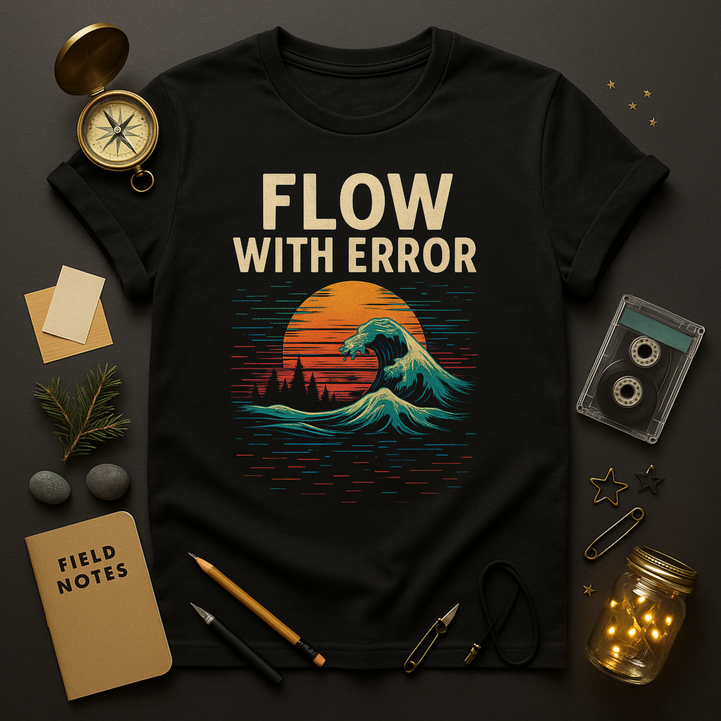 "Black graphic t-shirt with retro glitch wave and orange sunset, text Flow With Error — surreal digital art streetwear design by Twistbug."