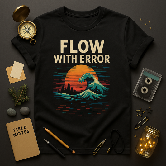 "Black graphic t-shirt with retro glitch wave and orange sunset, text Flow With Error — surreal digital art streetwear design by Twistbug."