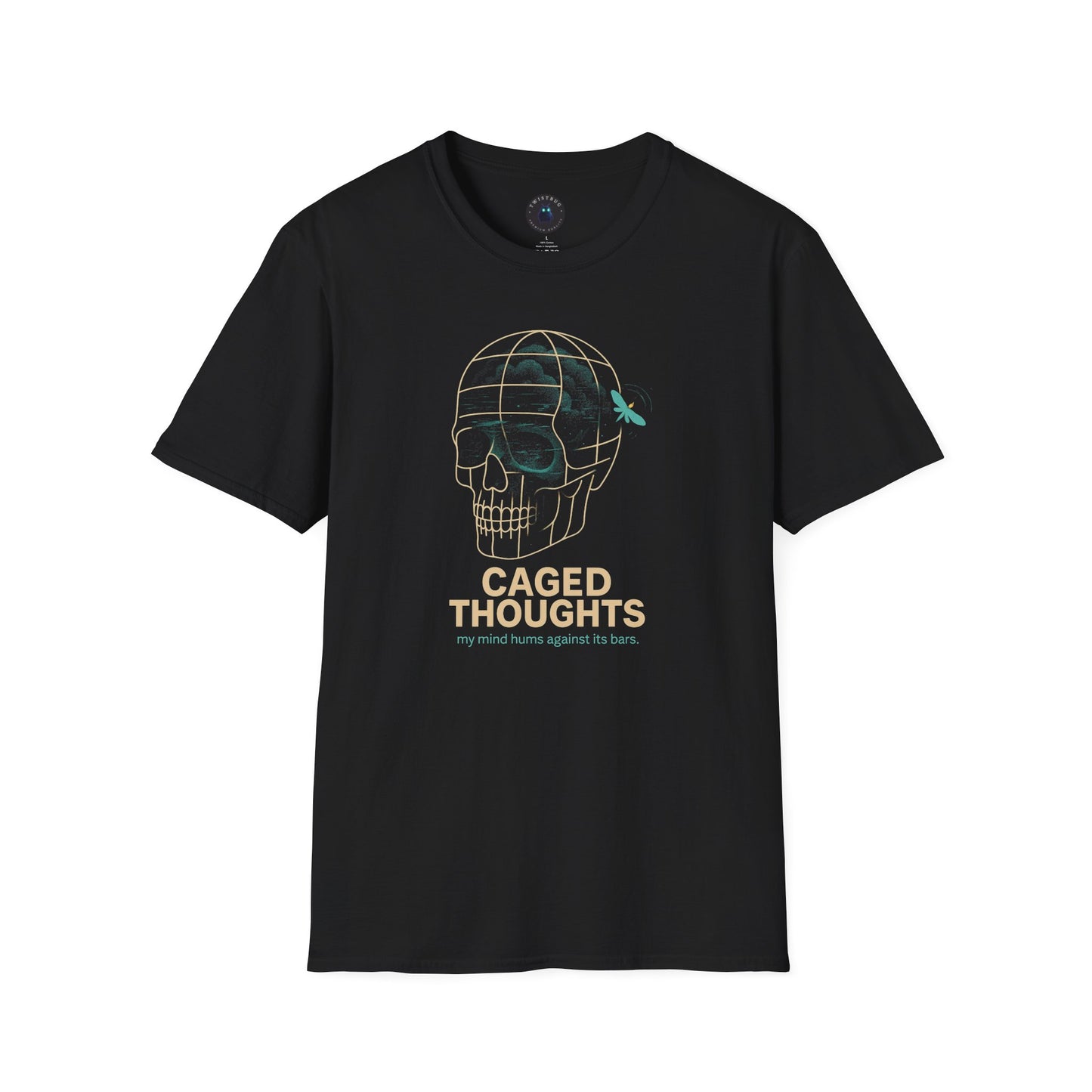Caged Thoughts T-Shirt – Surreal Skull & Firefly Design