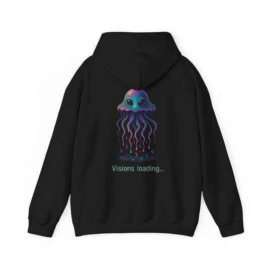 Visions Loading Hoodie – Trippy Alien Jellyfish Aesthetic in Cyber Glow