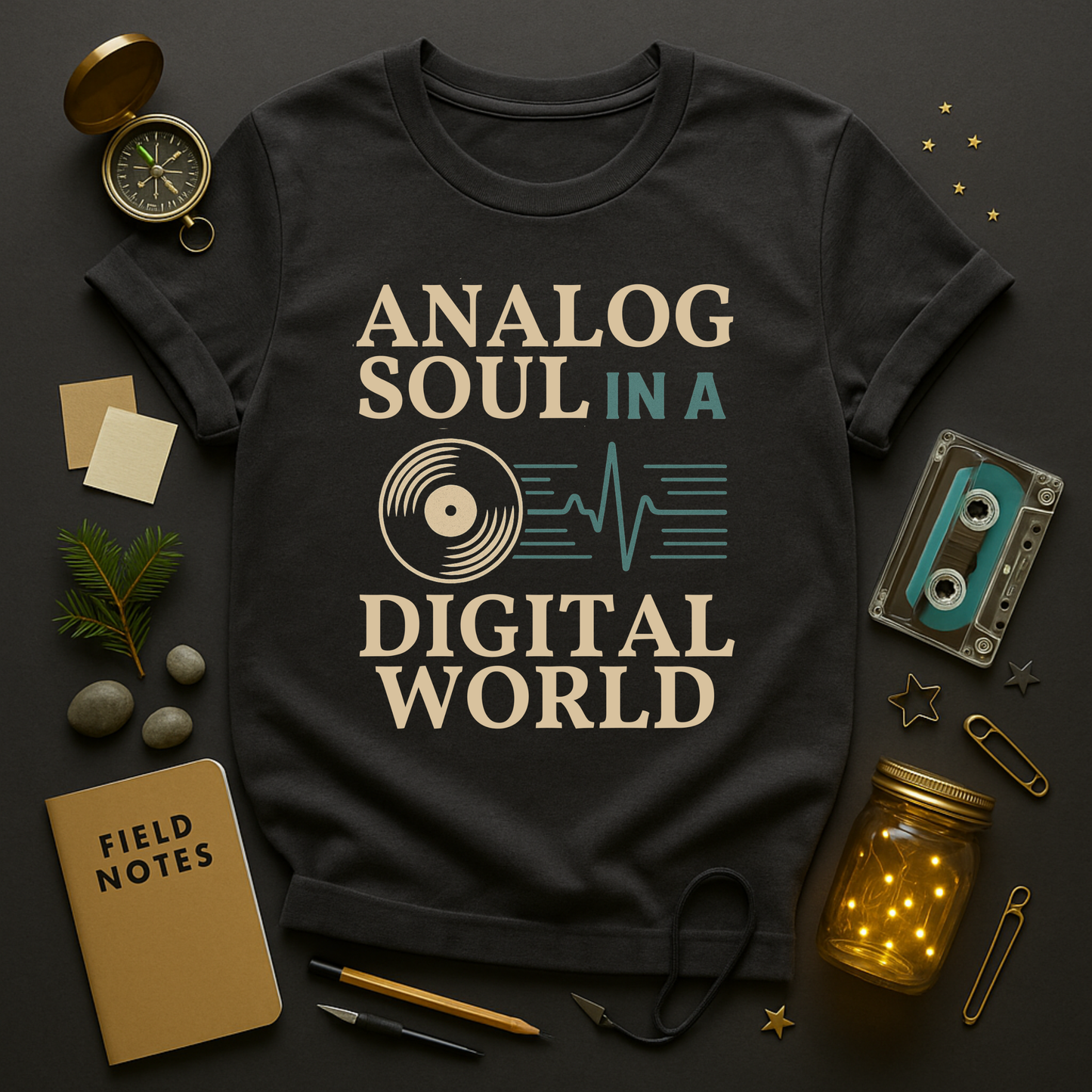 Vintage analog vs digital shirt in bone and teal ink