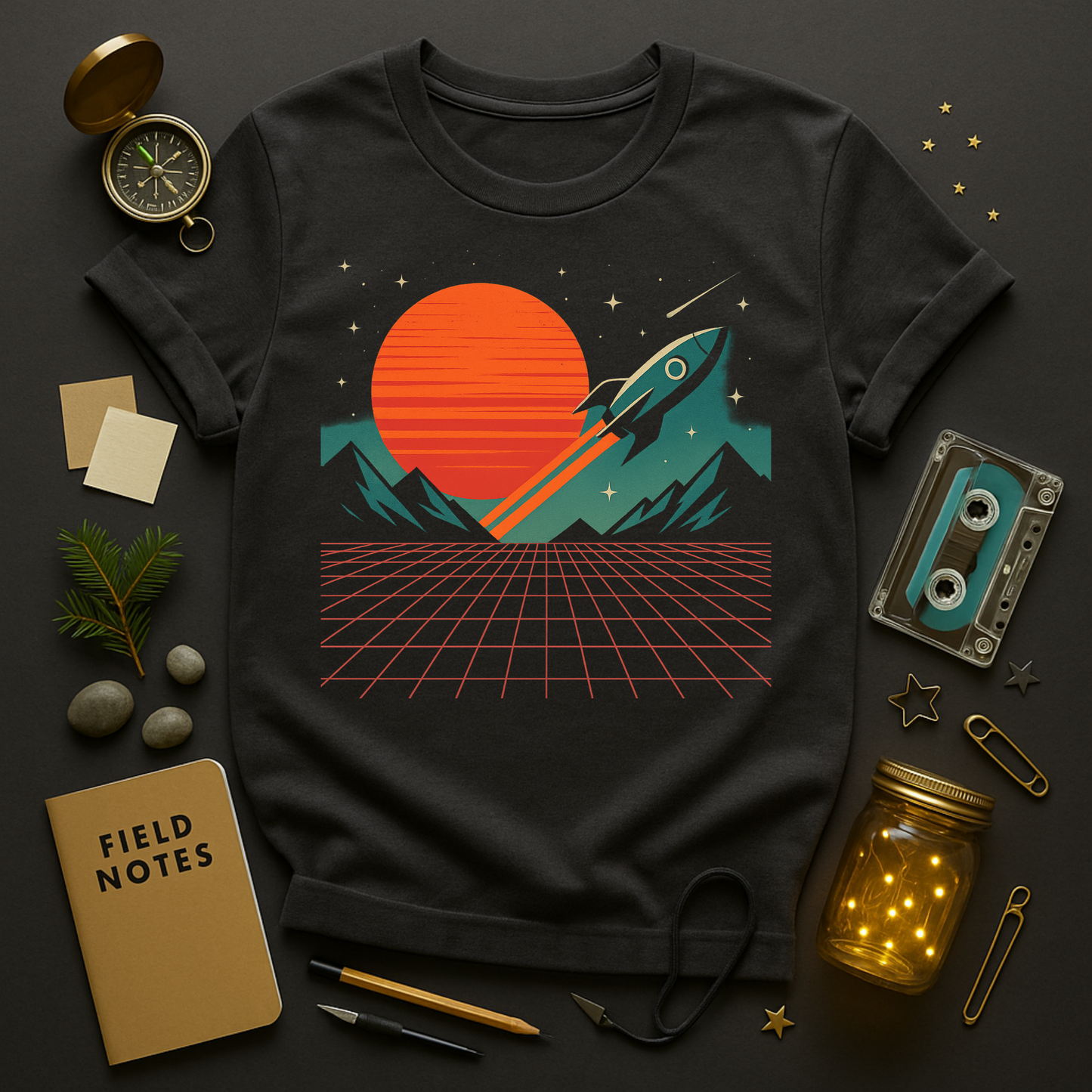 “Charcoal retro rocket t-shirt with synthwave sun, neon grid, and mountains – Twistbug Retro Tech Nostalgia collection.”