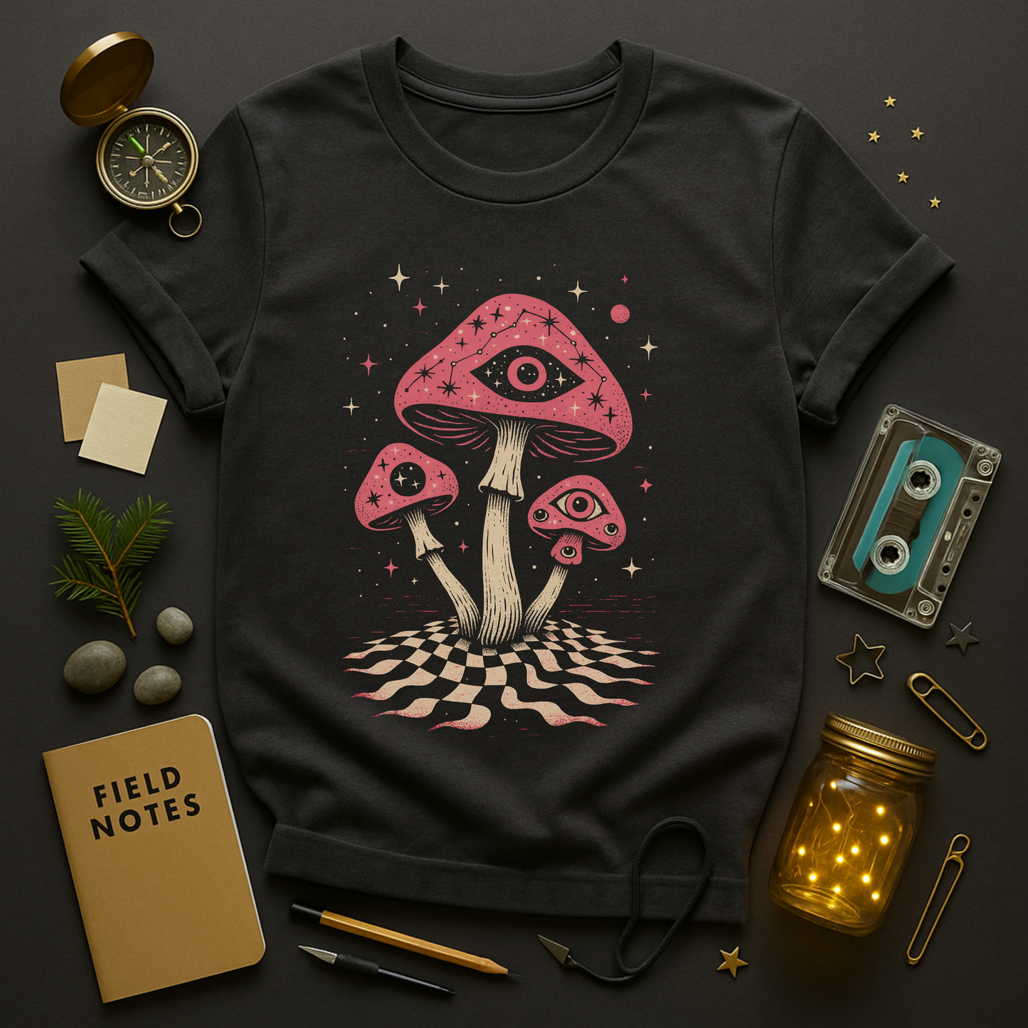 Surreal mushrooms with eye motif and starfield