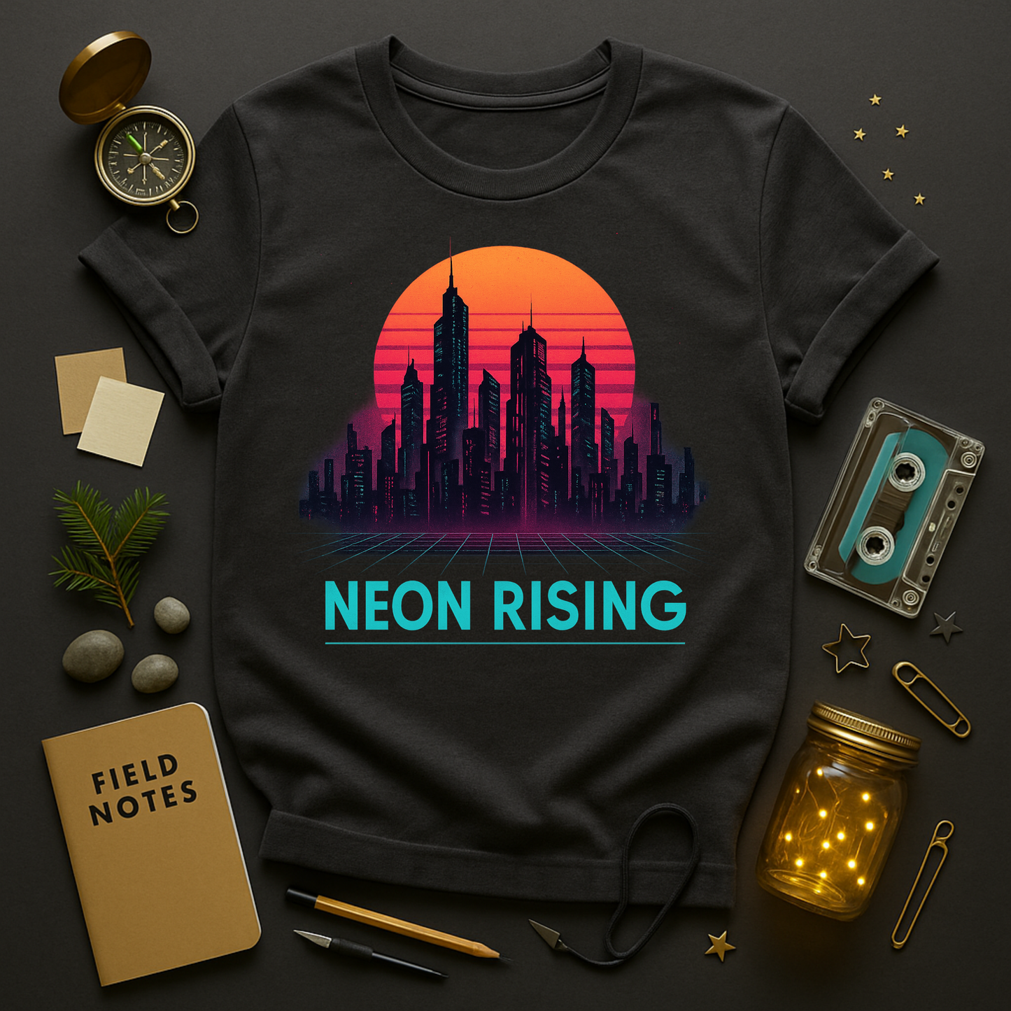 "Charcoal graphic t-shirt with neon cyberpunk city skyline under retro sunset, text Neon Rising — synthwave streetwear by Twistbug."
