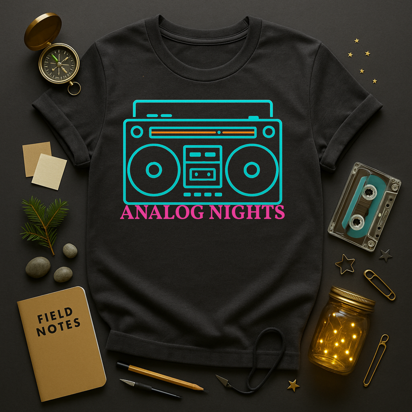 Retro music graphic tee with neon boombox line art