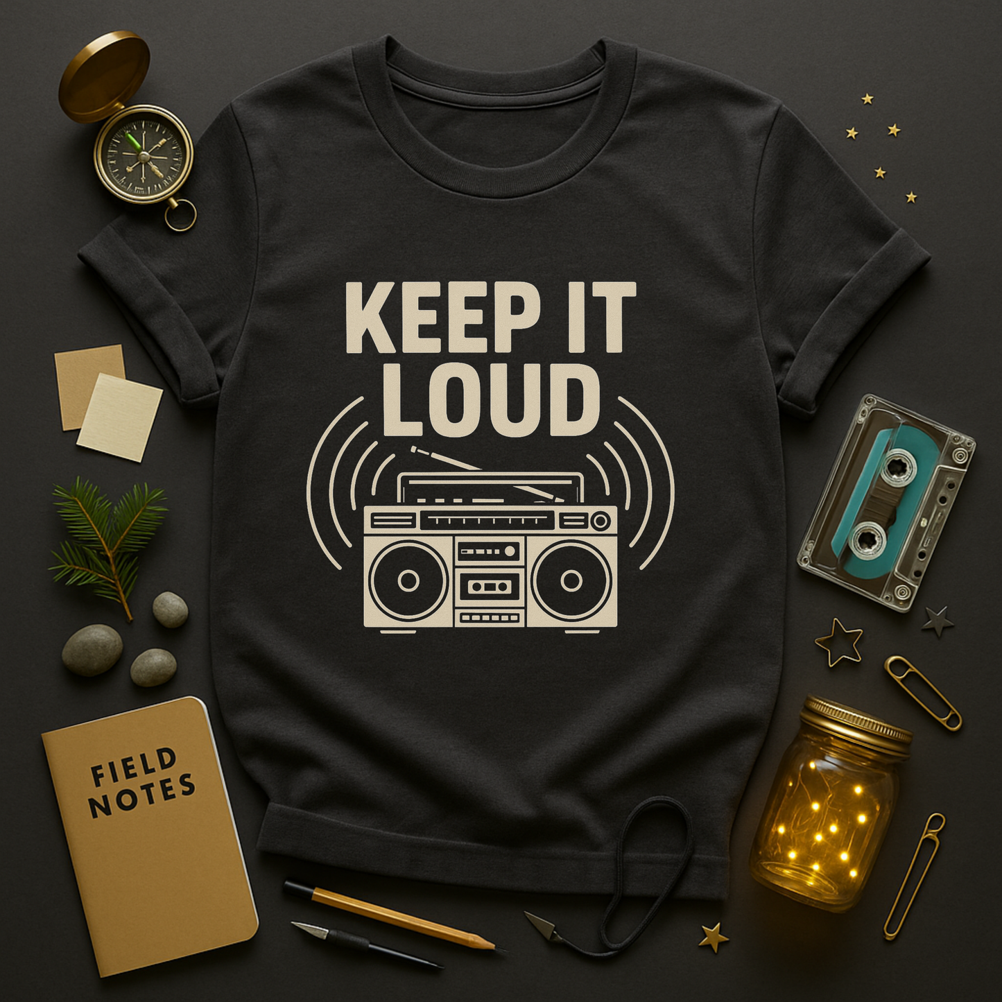 Retro music shirt with Keep It Loud typography