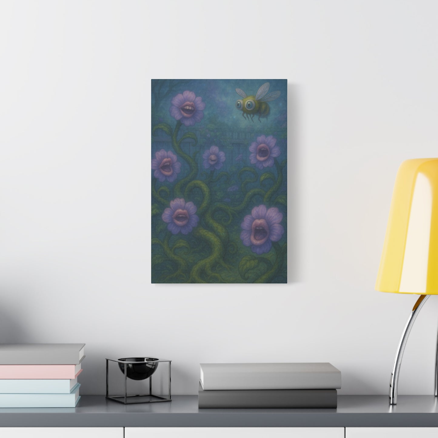 Whimsical Floral Canvas Art - Vibrant Bee and Singing Flowers