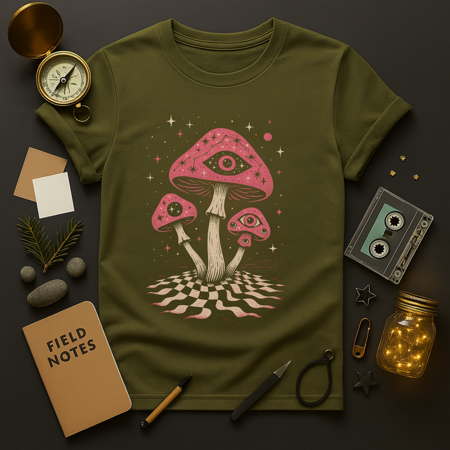 Surreal mushrooms with eye motif and starfield