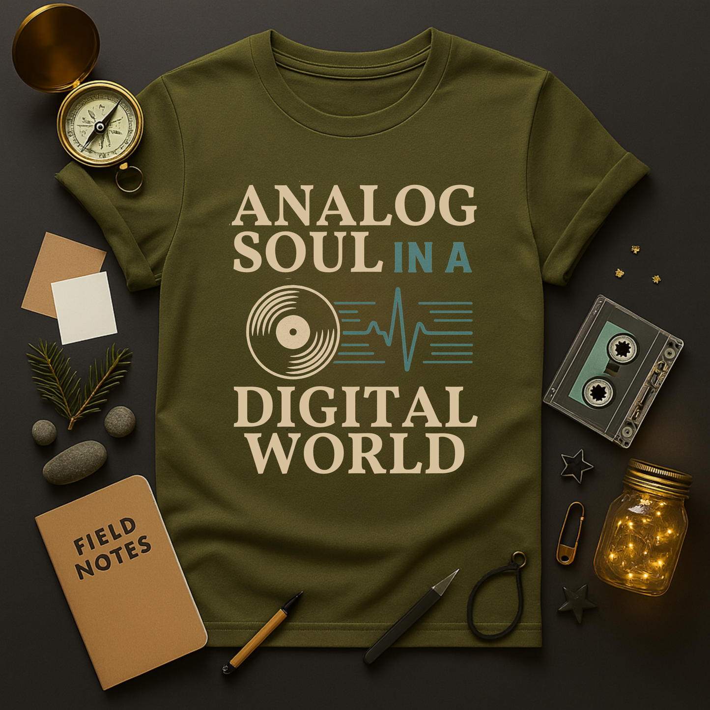 Retro music graphic tee with bold typography and teal line art