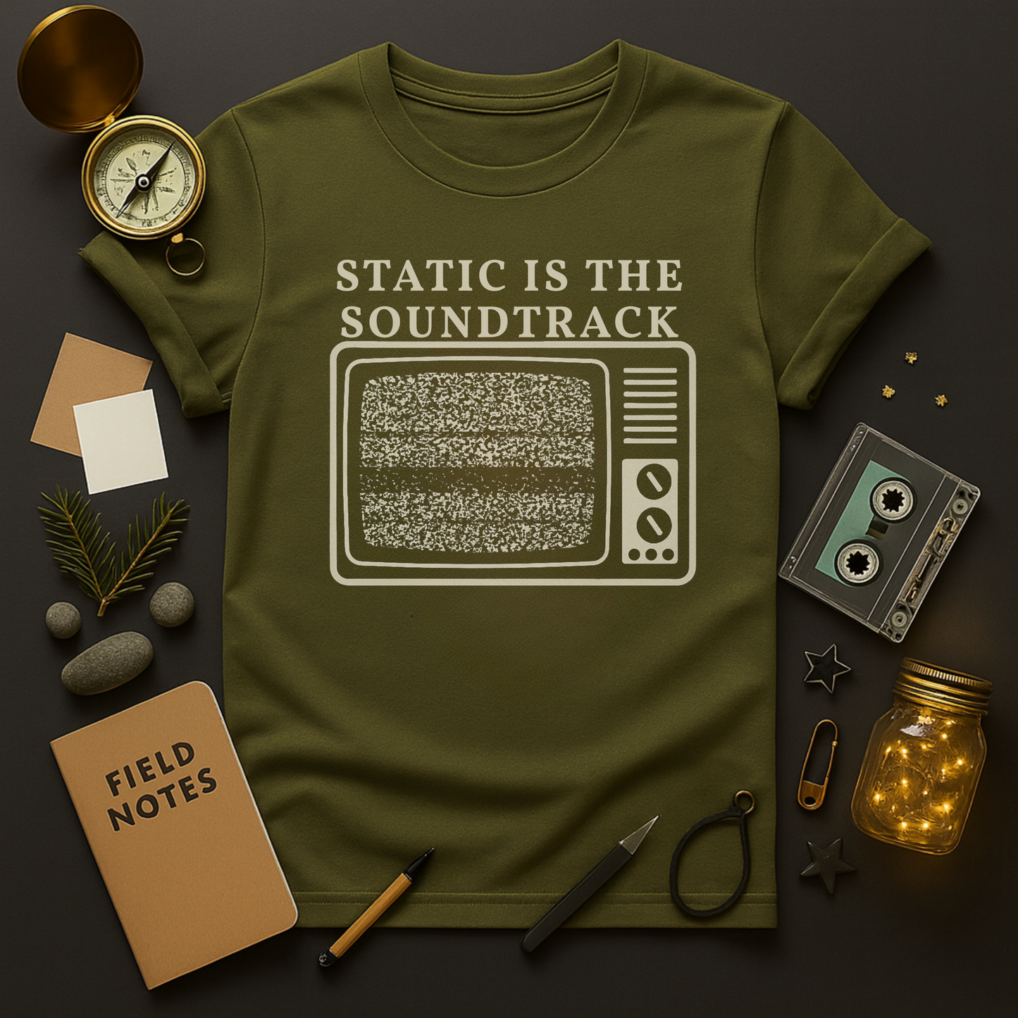 Vintage TV noise shirt in bone ink on black
