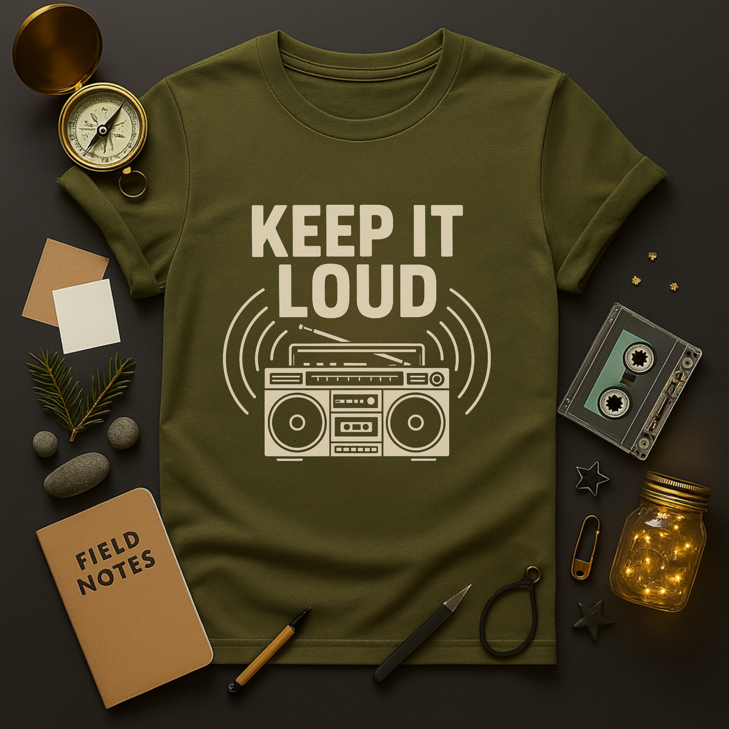 Retro music shirt with Keep It Loud typography