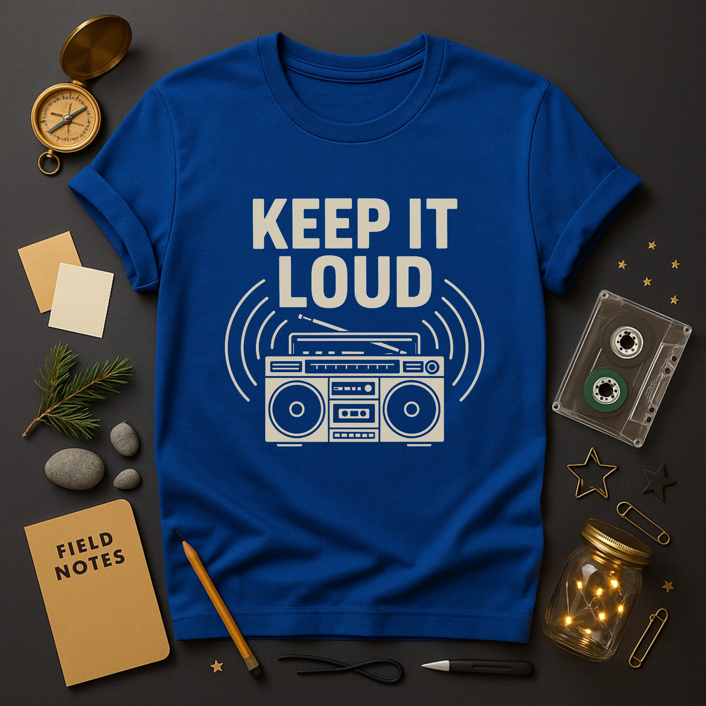 Retro music shirt with Keep It Loud typography