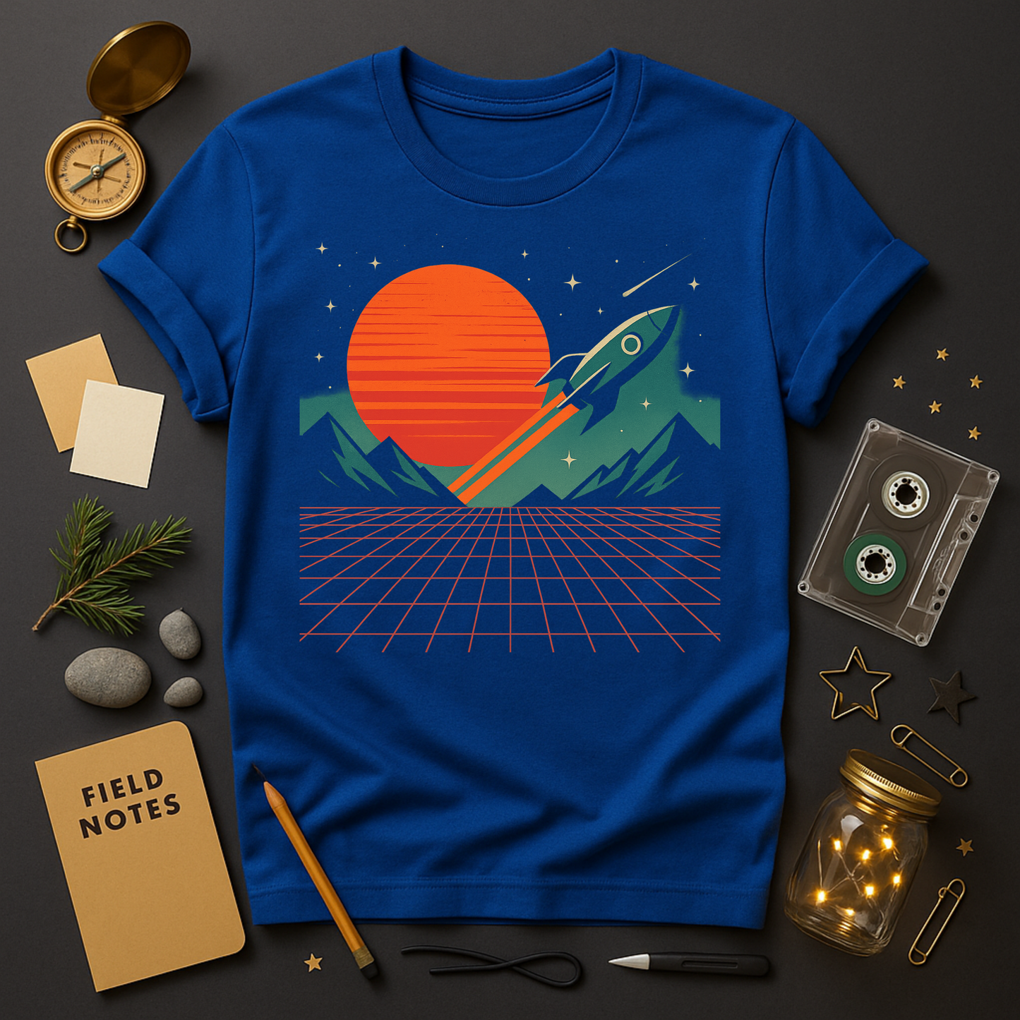 “Royal retro rocket t-shirt with synthwave sun, neon grid, and mountains – Twistbug Retro Tech Nostalgia collection.”