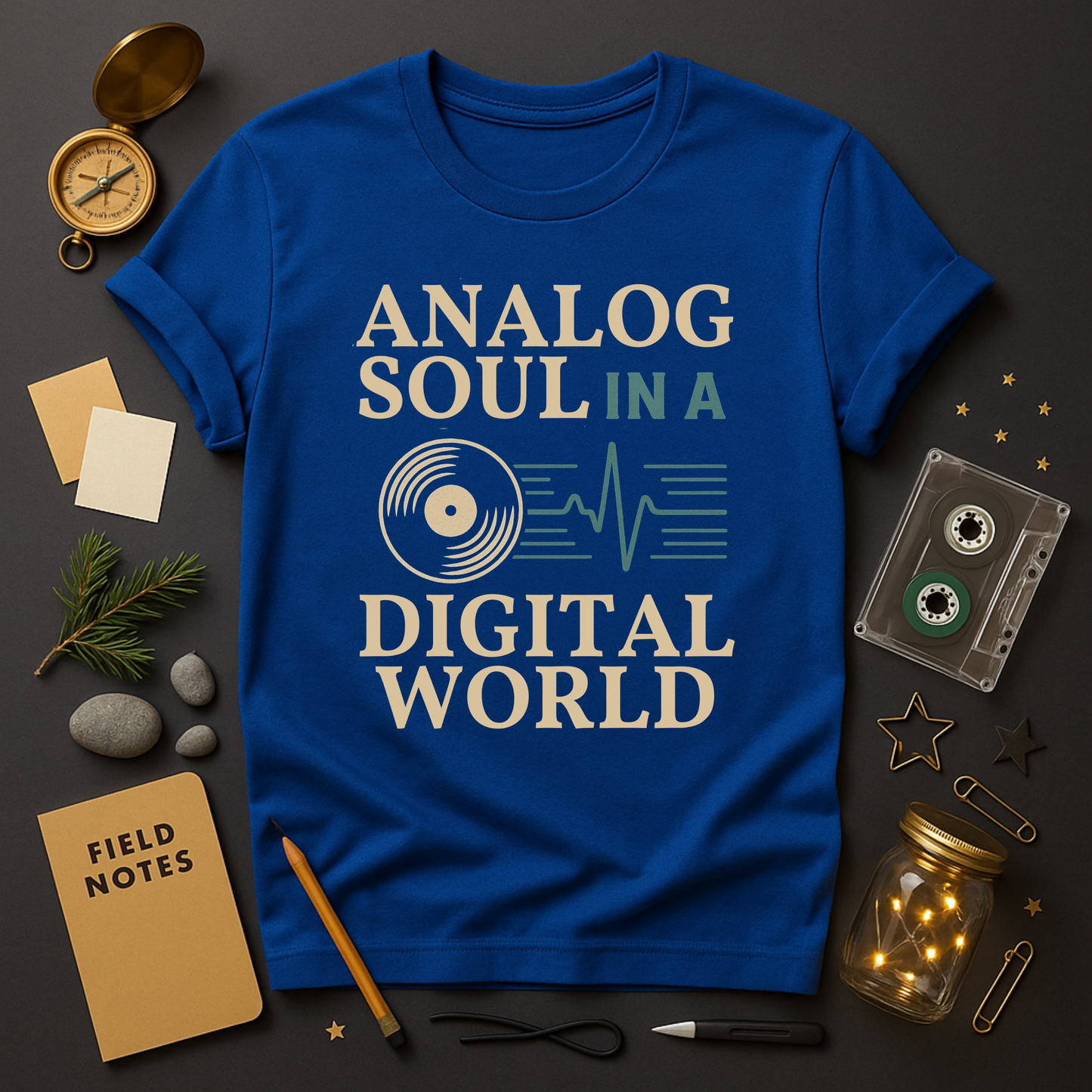 Vintage analog vs digital shirt in bone and teal ink