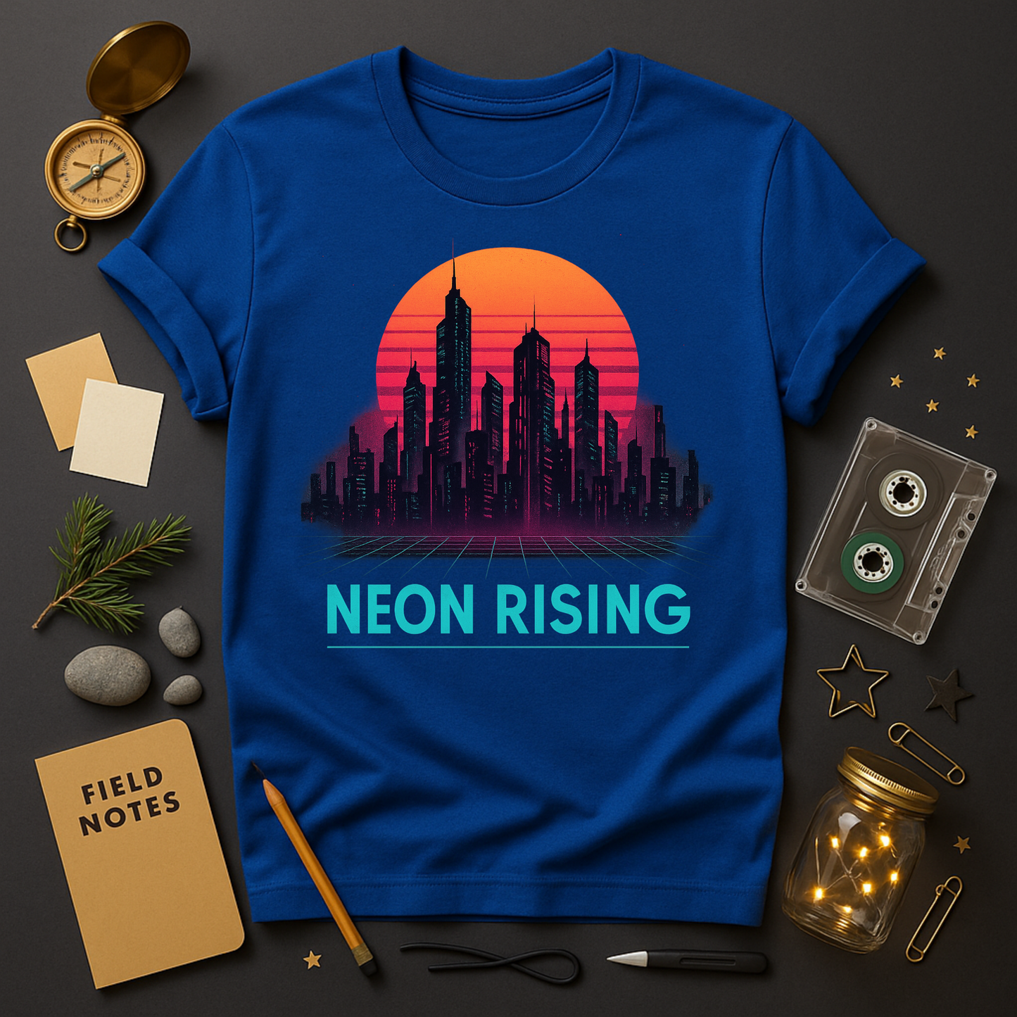 "Royal graphic t-shirt with neon cyberpunk city skyline under retro sunset, text Neon Rising — synthwave streetwear by Twistbug."
