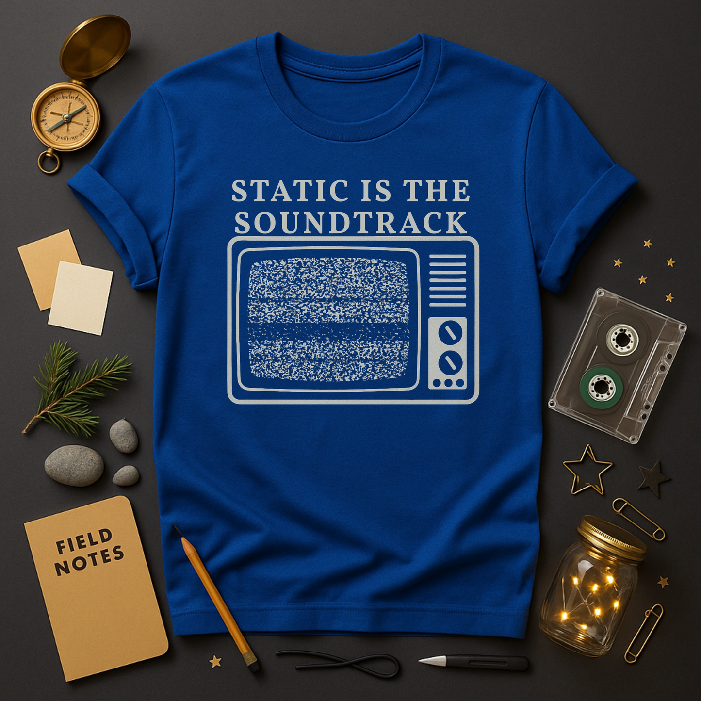 Vintage TV noise shirt in bone ink on black