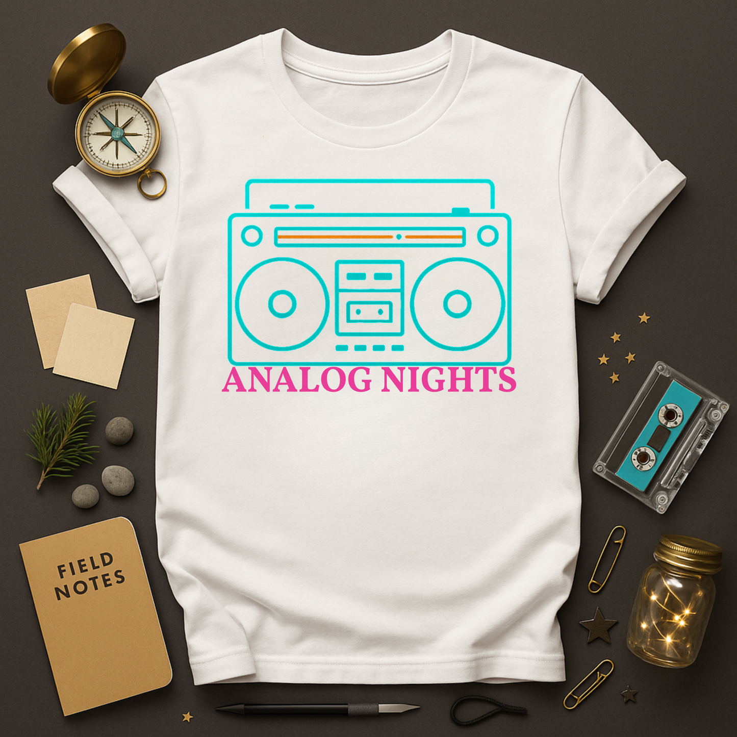 Analog Nights boombox t-shirt — teal outline radio with magenta script