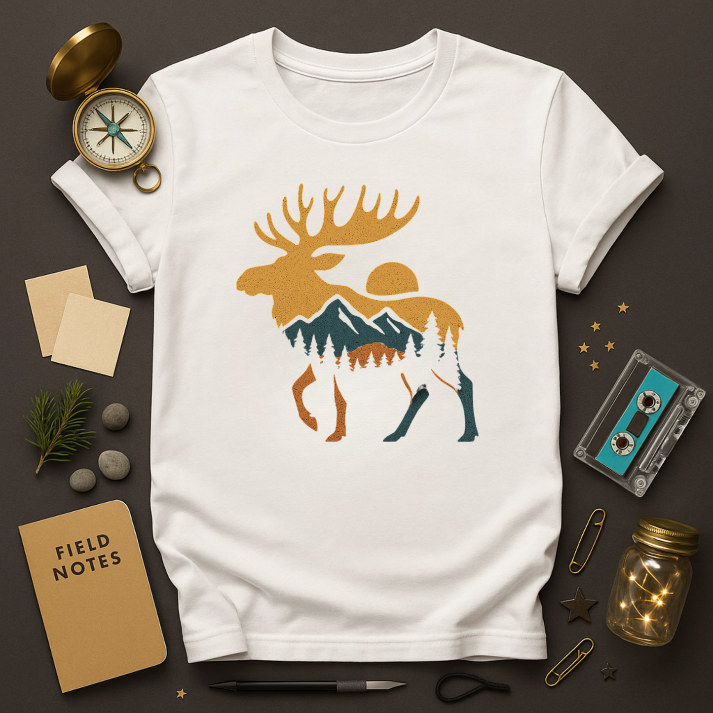 Wildlife moose graphic tee with mountain forest scene