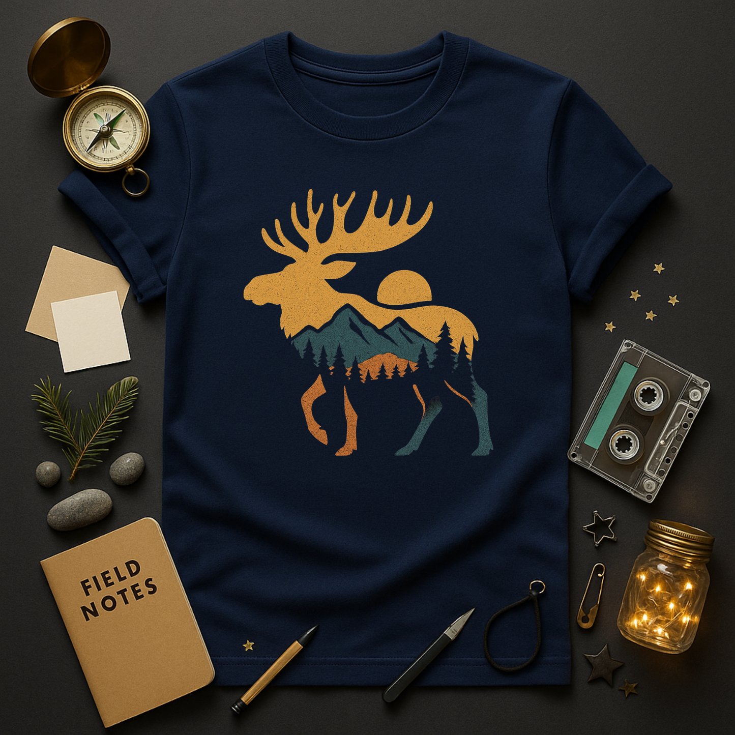 Retro sunset mountain design inside moose outline