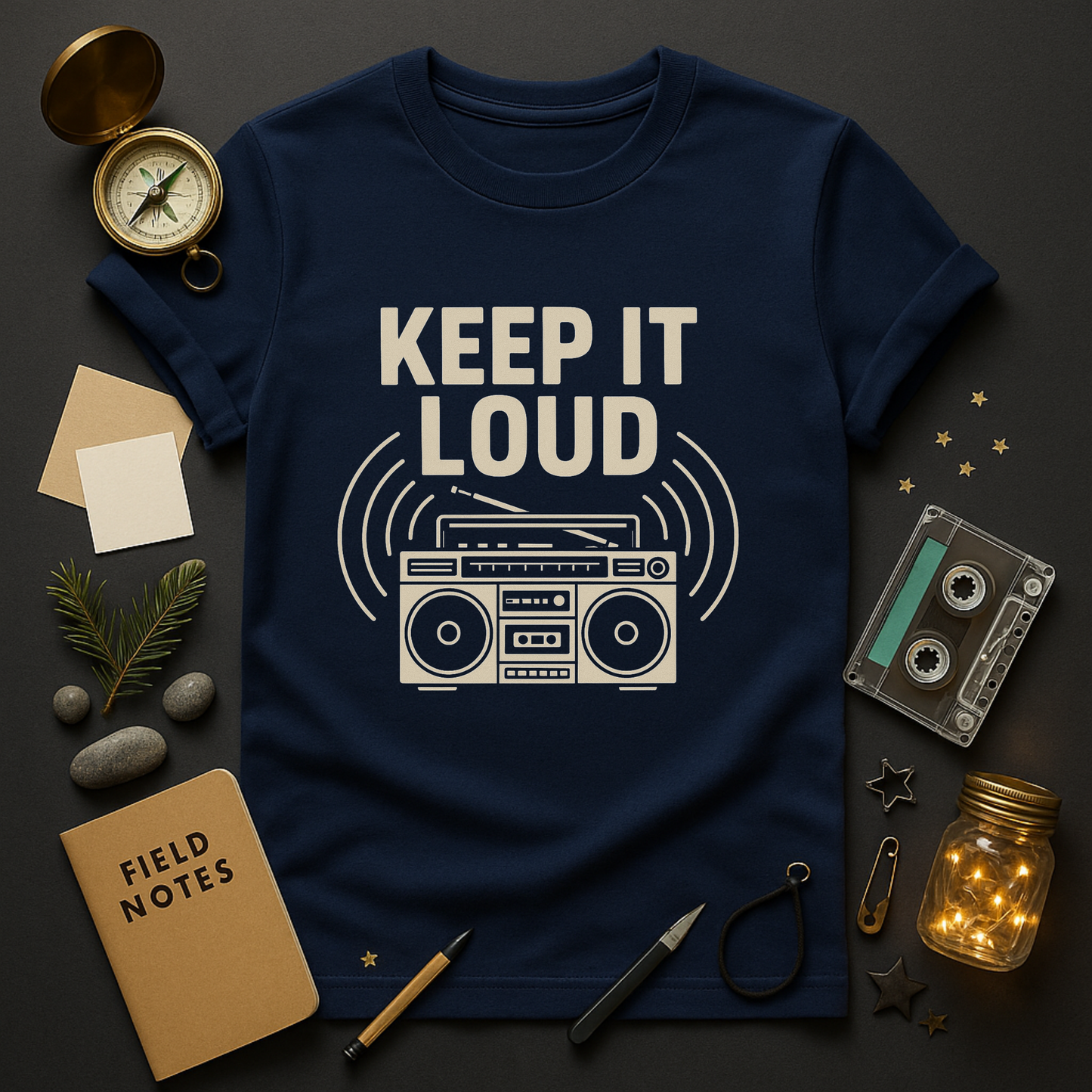 Vintage boombox graphic tee with sound waves