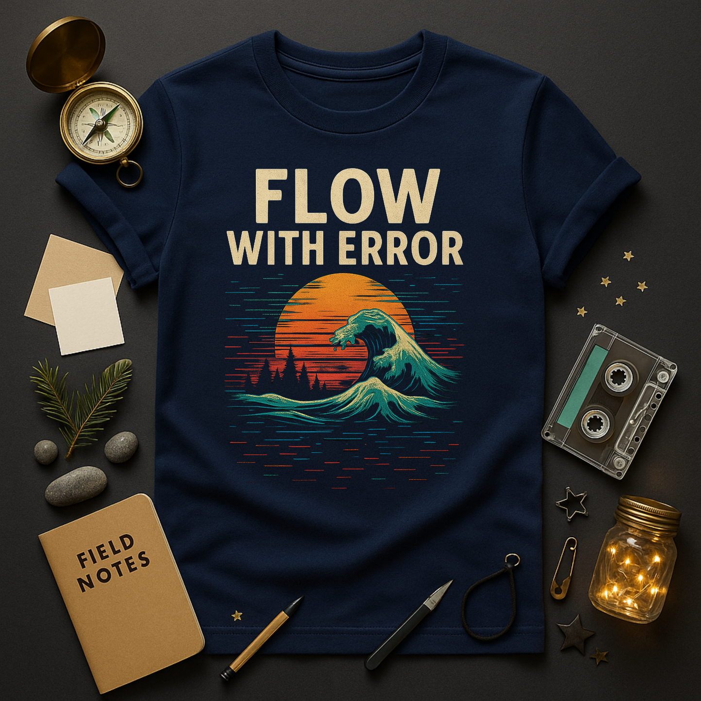 "Navy graphic t-shirt with retro glitch wave and orange sunset, text Flow With Error — surreal digital art streetwear design by Twistbug."