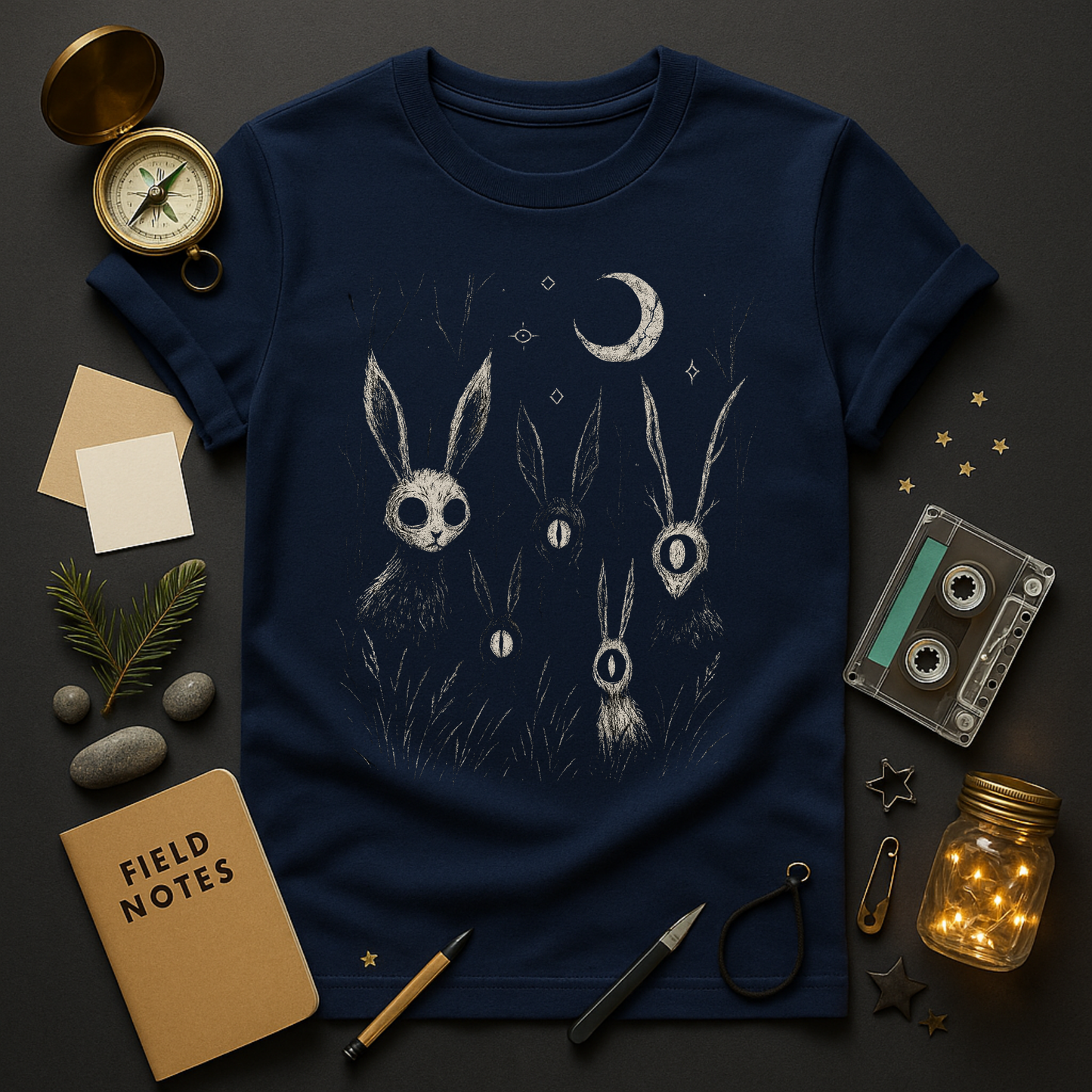 Moonlit rabbits graphic tee with vintage bone ink