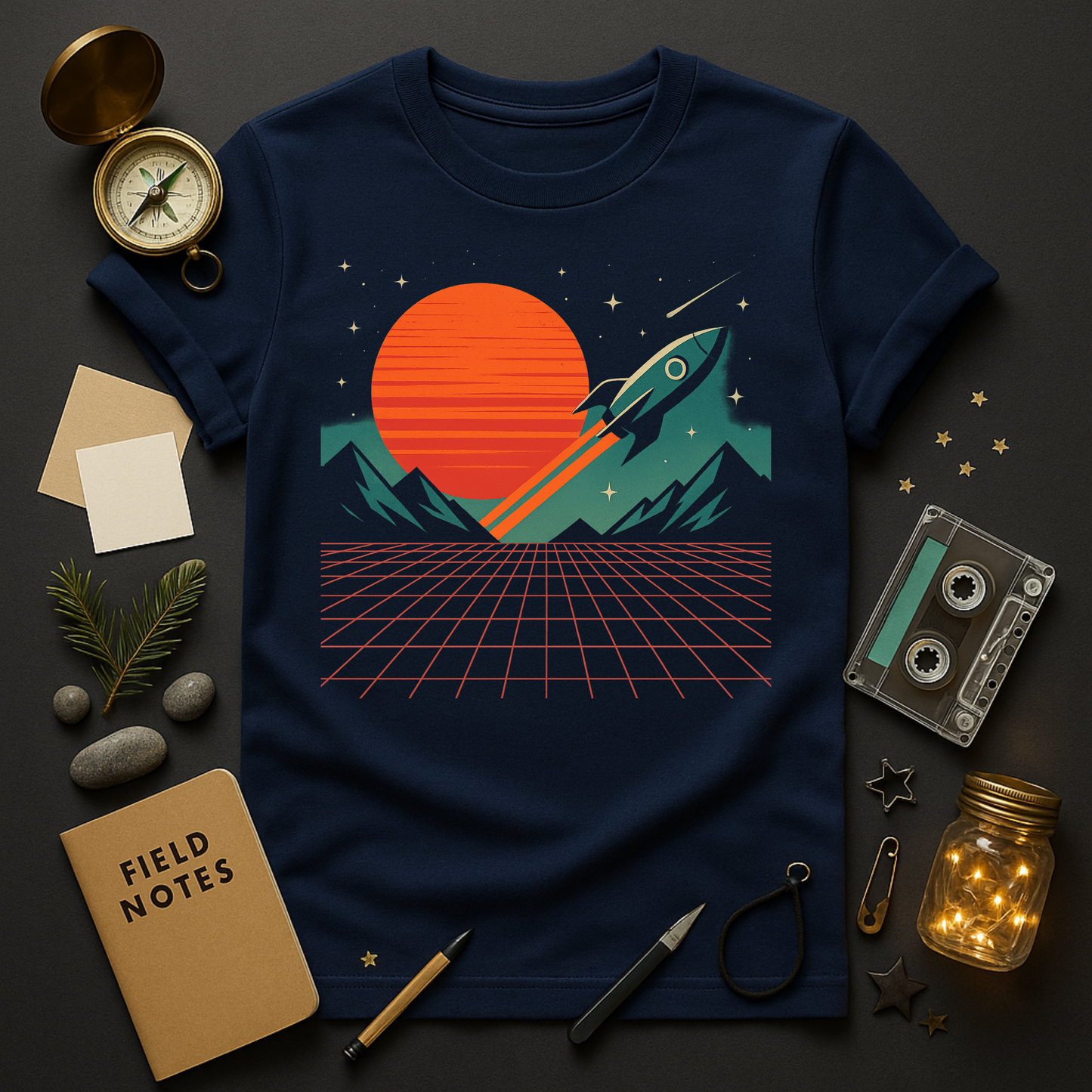 “Navy retro rocket t-shirt with synthwave sun, neon grid, and mountains – Twistbug Retro Tech Nostalgia collection.”