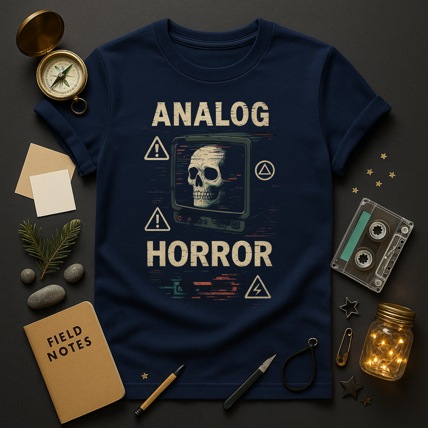 Retro VHS horror tee — skull in vintage television, warning icons