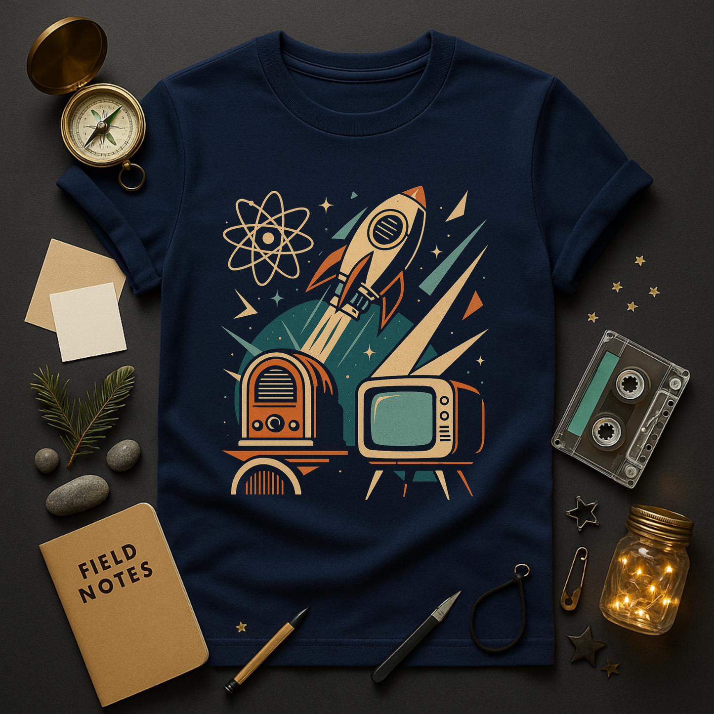 Retro rocket with vintage radio and CRT TV t-shirt — mid-century graphic