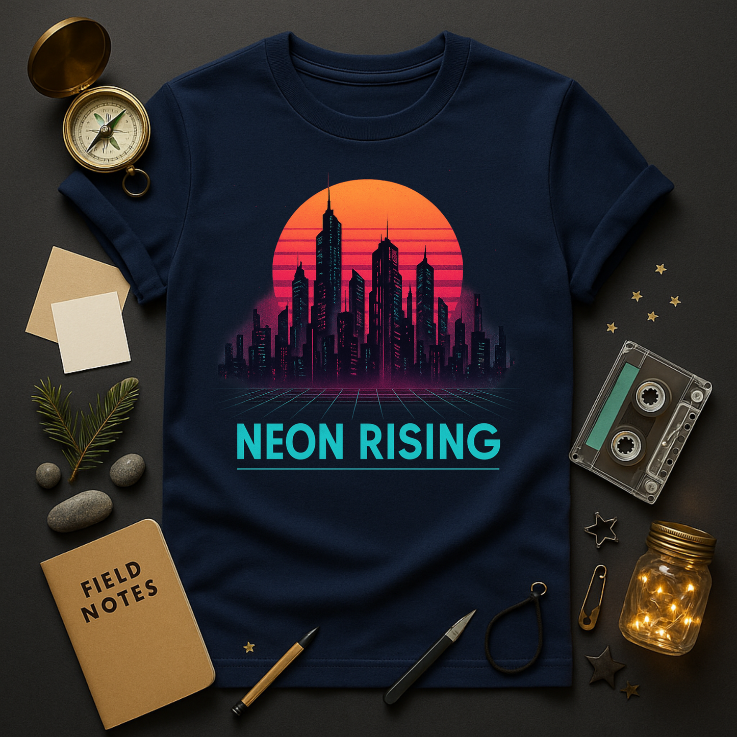 "Navy graphic t-shirt with neon cyberpunk city skyline under retro sunset, text Neon Rising — synthwave streetwear by Twistbug."